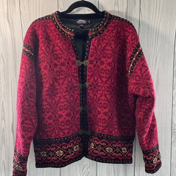 Icelandic Design Red Maroon Wool Lined Cardigan Sweater Nordic  Jacket XL - Picture 1 of 7